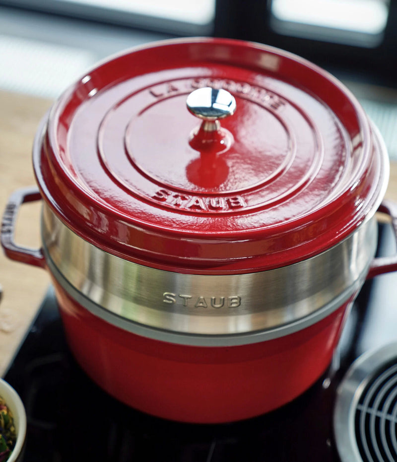 Staub Cast Iron 26cm Round Cocotte With Steamer Insert Cherry Red