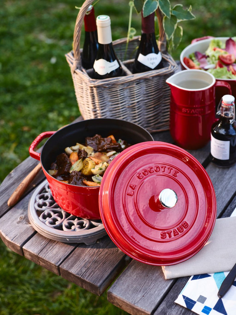 Staub Cast Iron 26cm Round Cocotte With Steamer Insert Cherry Red