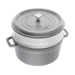 Staub Cast Iron 26cm Round Cocotte With Steamer Insert Graphite Grey