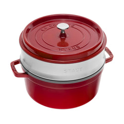 Staub Cast Iron 26cm Round Cocotte With Steamer Insert Cherry Red