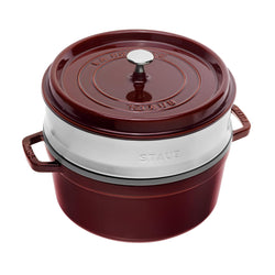 Staub Cast Iron 26cm Round Cocotte With Steamer Insert Grenadine