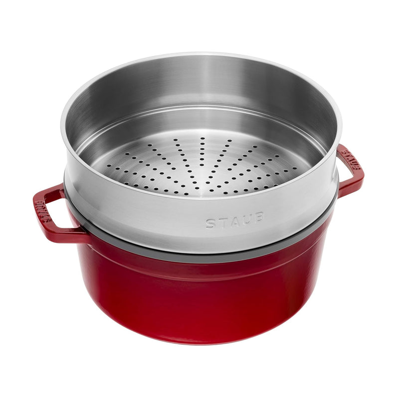 Staub Cast Iron 26cm Round Cocotte With Steamer Insert Cherry Red